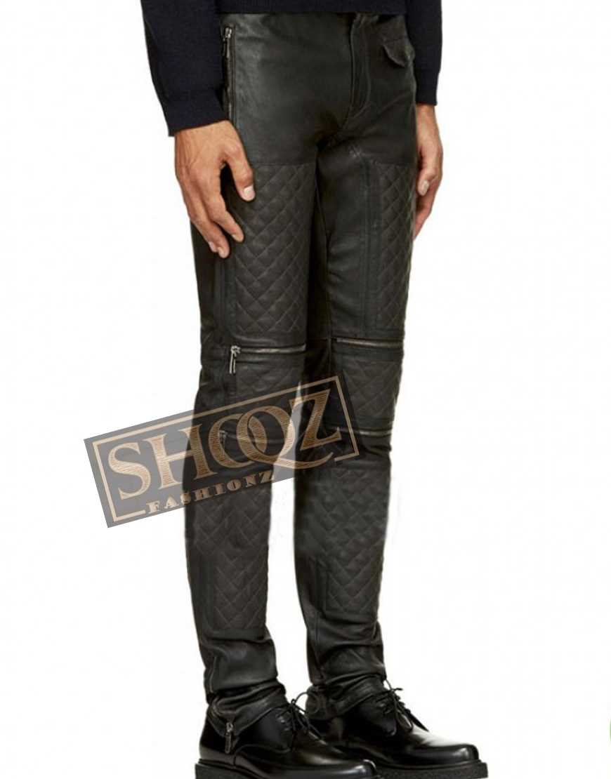 Men Dark Grey Zip Panel Quilted Leather Pant